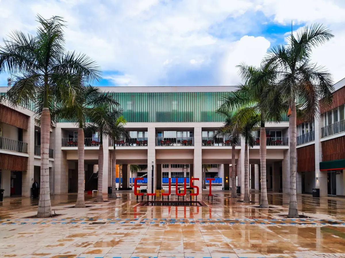 Patio central con palmeras y edificación del colegio al fondo