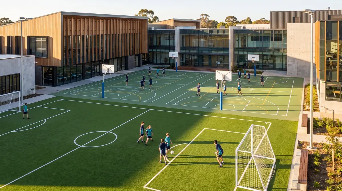 Canchas deportivas del colegio con arcos y pisos de juego