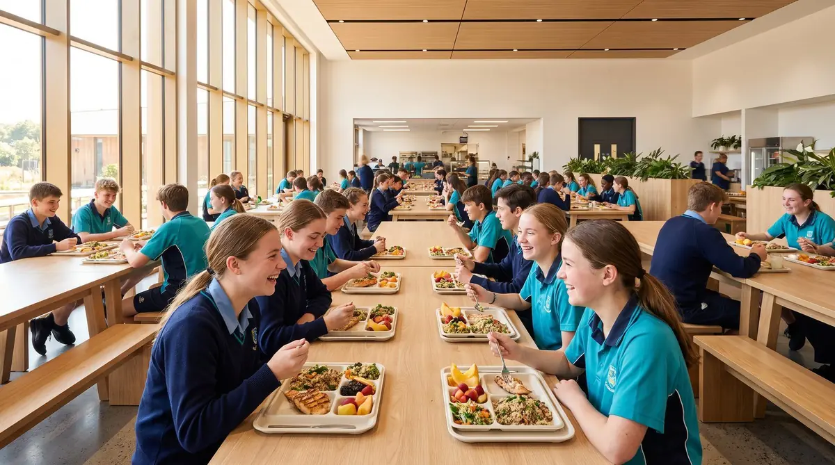 Comedor escolar con mesas y sillas para los estudiantes